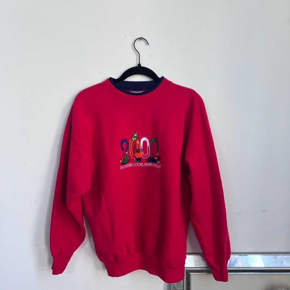 Vintage Red Crewneck Sweater with Colorful Design
